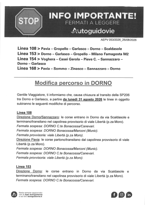 Avviso - Modifica percorso in Dorno