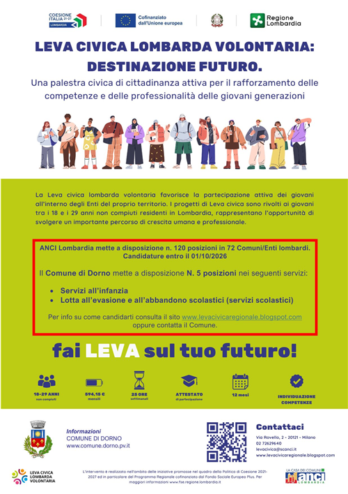 Avviso di Leva Civica Lombarda Volontaria 
Consultabile sul sito Leva Civica Regionale - Lombardia