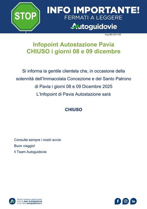 Infopoint Autostazione Pavia chiuso i giorni 08 e 09 dicembre