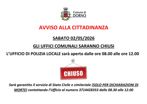 Sabato 02/05/2026: gli uffici comunali saranno chiusi