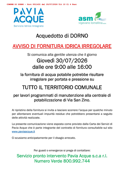 Avviso di fornitura idrica irregolare