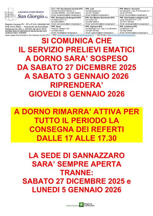 Chiusura servizio prelievi per festività natalizia