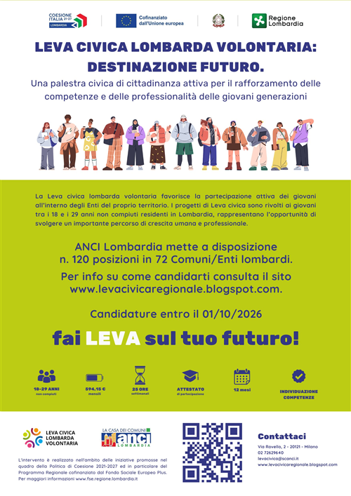 Avviso di Leva Civica Lombarda Volontaria 
Consultabile sul sito Leva Civica Regionale - Lombardia