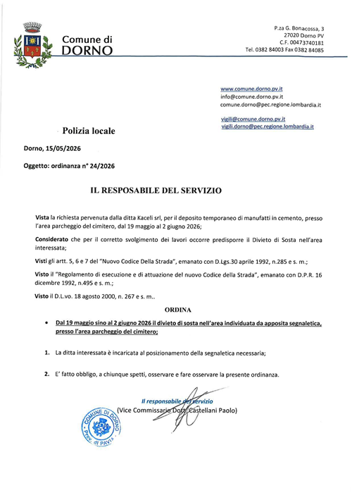 Ordinanza 23-2026 
Divieto di sosta dal 19 maggio al 2 giugno presso area parcheggio cimitero