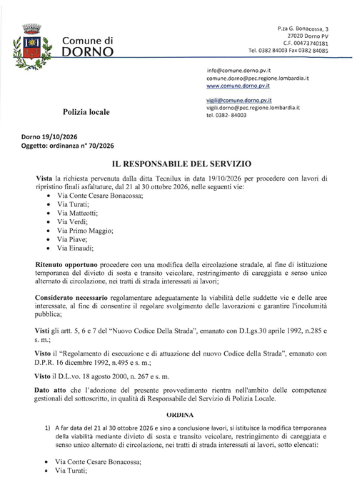Ordinanza 70 - 2026 
Modifica viabilità