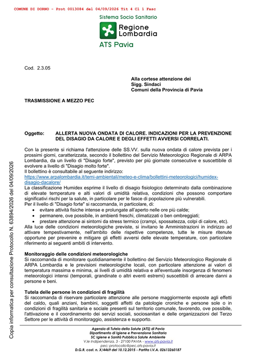 Allerta nuova ondata di calore. Indicazioni per la prevenzione del disagio da calore e degli effetti avversi correlati    
