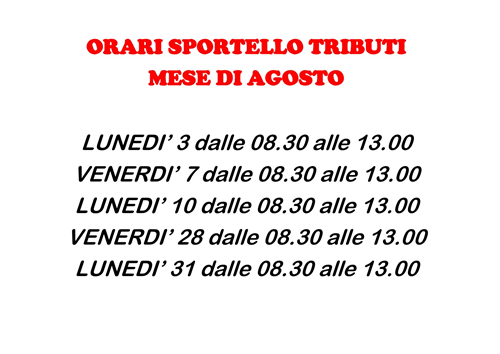 Orario Ufficio Tributi - Mese di Agosto